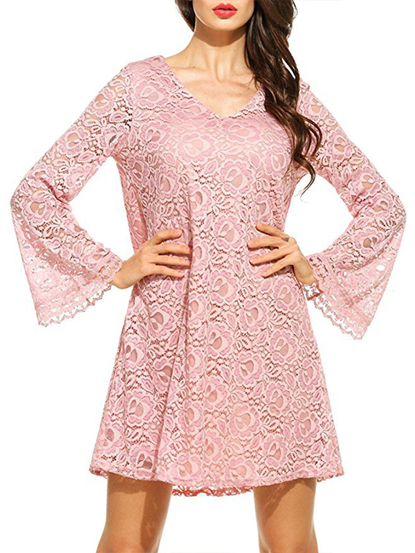 7 Colors S-XL V Neck Lace Casual Dress