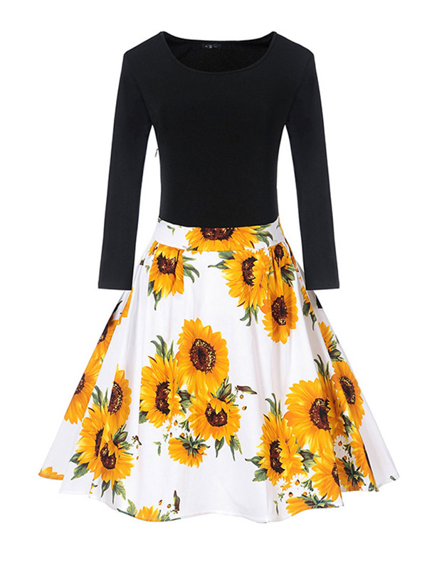 8 Colors S-XXL Fitted Top Flare Hem Casual Dress