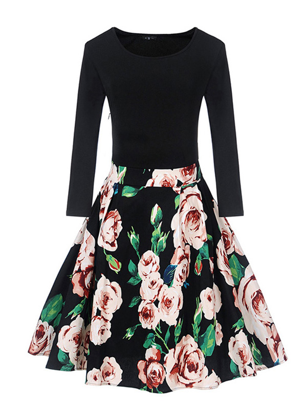 8 Colors S-XXL Fitted Top Flare Hem Casual Dress