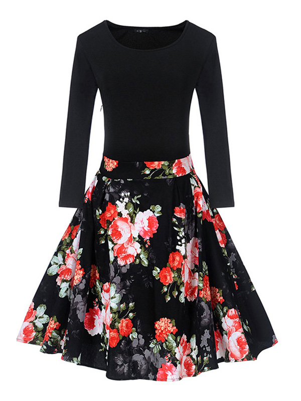 8 Colors S-XXL Fitted Top Flare Hem Casual Dress