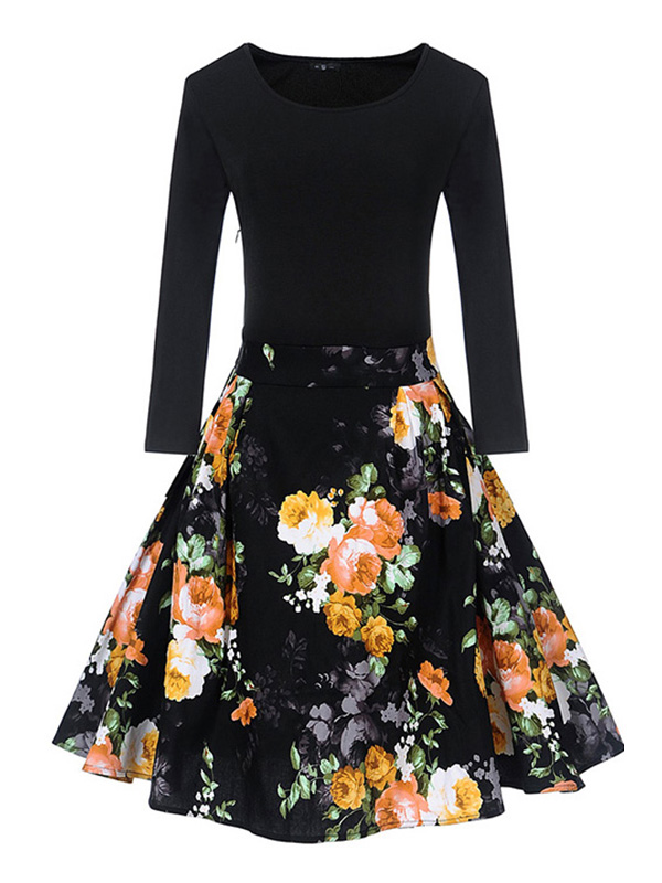 8 Colors S-XXL Fitted Top Flare Hem Casual Dress