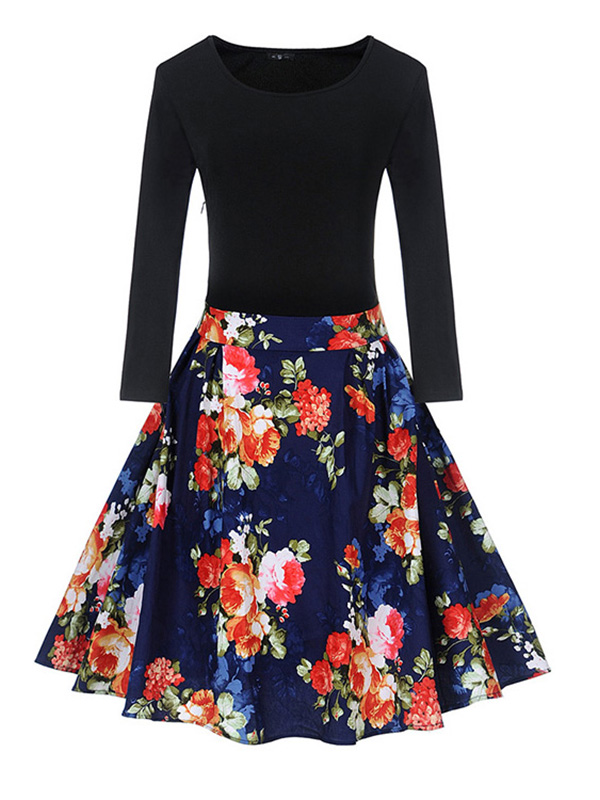 8 Colors S-XXL Fitted Top Flare Hem Casual Dress