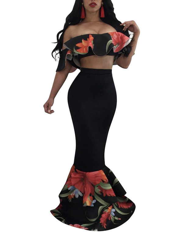 Black Crop Top and Mermaid Skirt Set