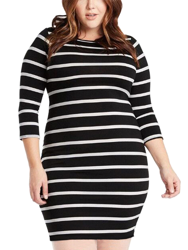 Black L-3XL Striped Long Plus Size Dress