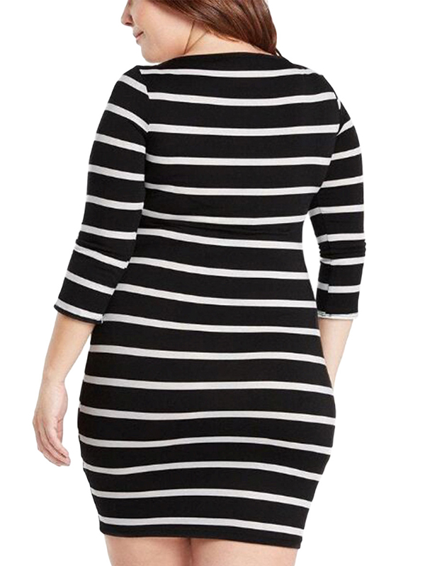 Black L-3XL Striped Long Plus Size Dress