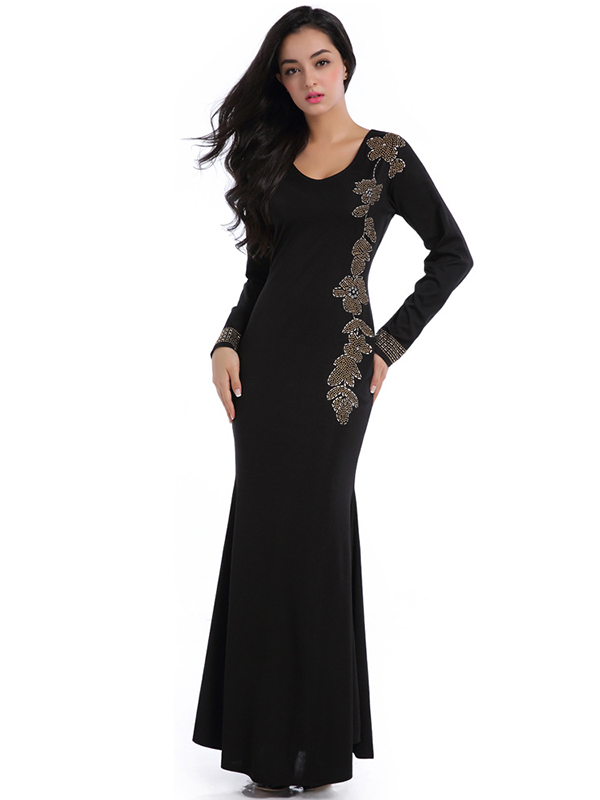 Black M-XL Long Sleeve Beaded Mermaid Evening Dress