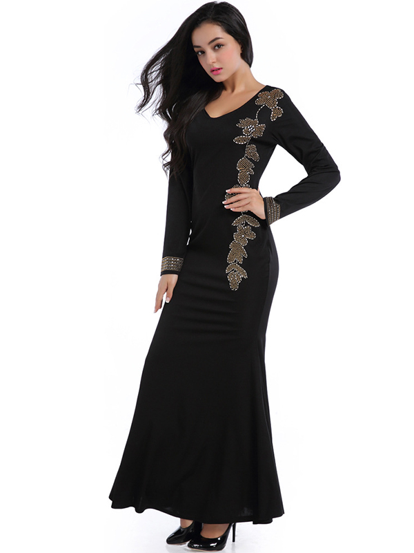 Black M-XL Long Sleeve Beaded Mermaid Evening Dress