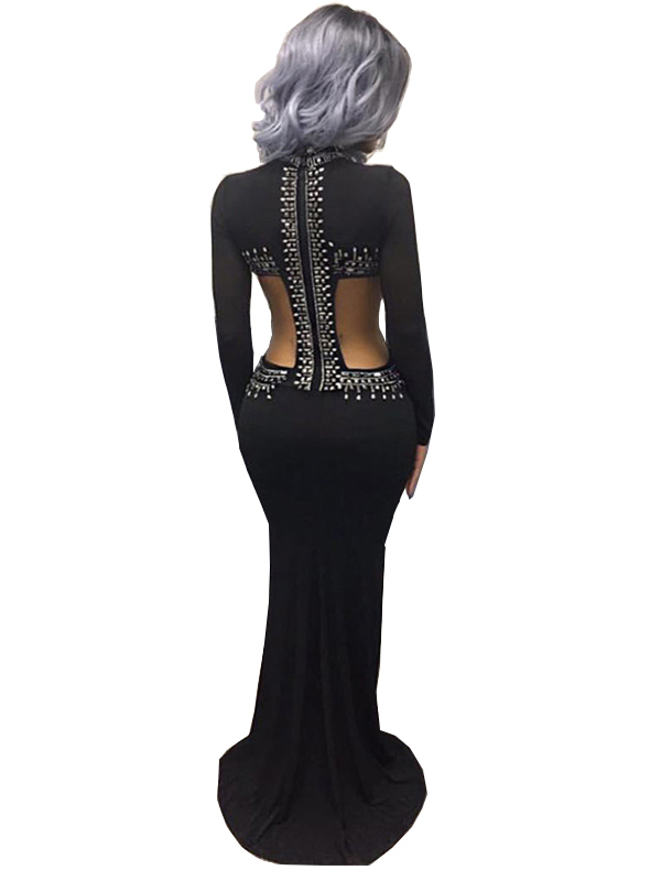 Black S-XL Cut Out Beaded Evening Dress