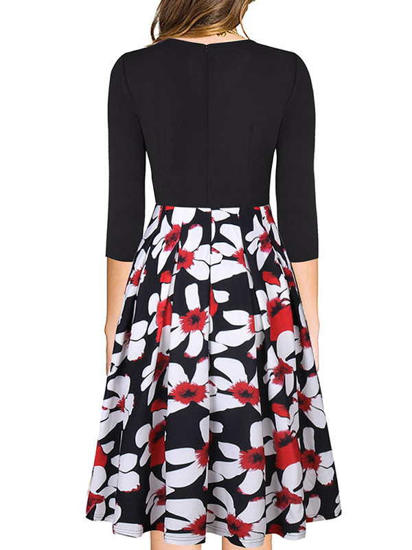 Black S-XL Patchwork Floral Printed Casual Dress