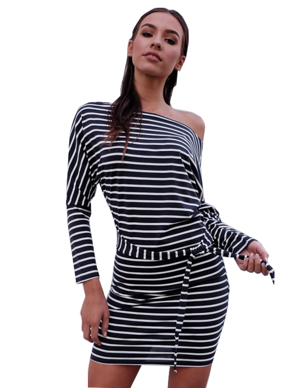Black S-XL Striped Long Sleeve Casual Dress