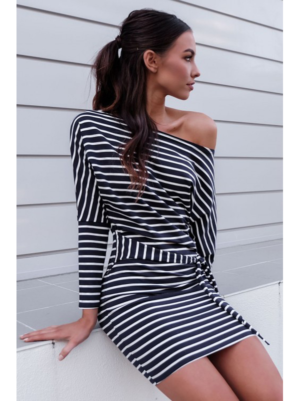 Black S-XL Striped Long Sleeve Casual Dress