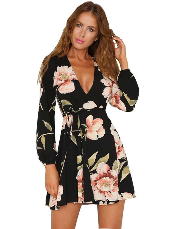 Black S-XL V Neck Casual Dress