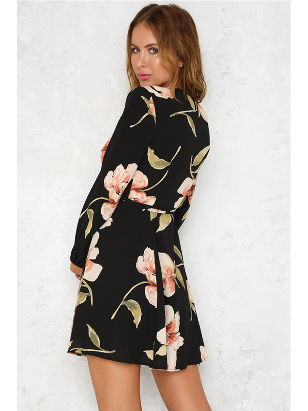 Black S-XL V Neck Casual Dress