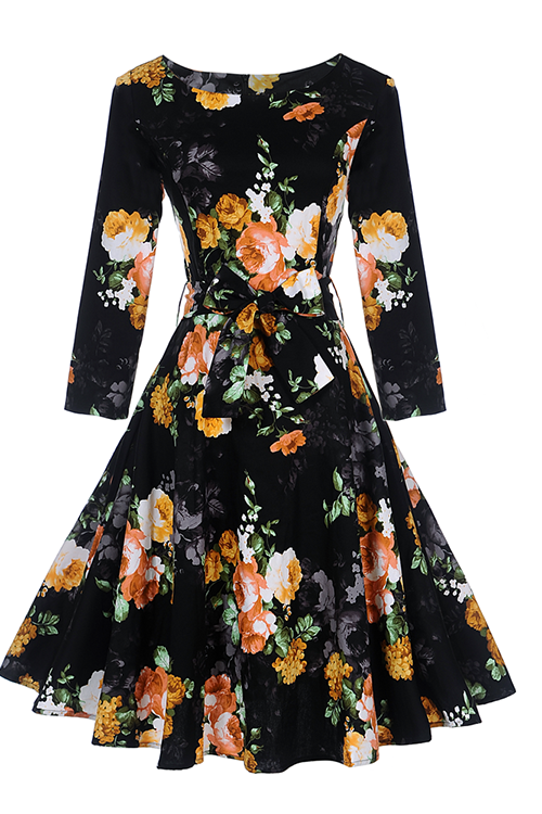 Black S-XXL Knee Length Flare Hem Casual Dress