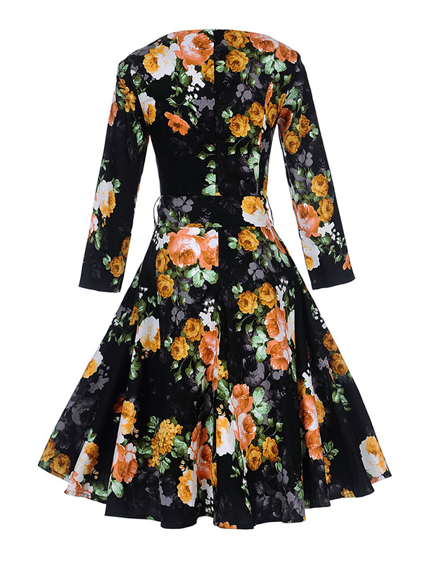 Black S-XXL Knee Length Flare Hem Casual Dress