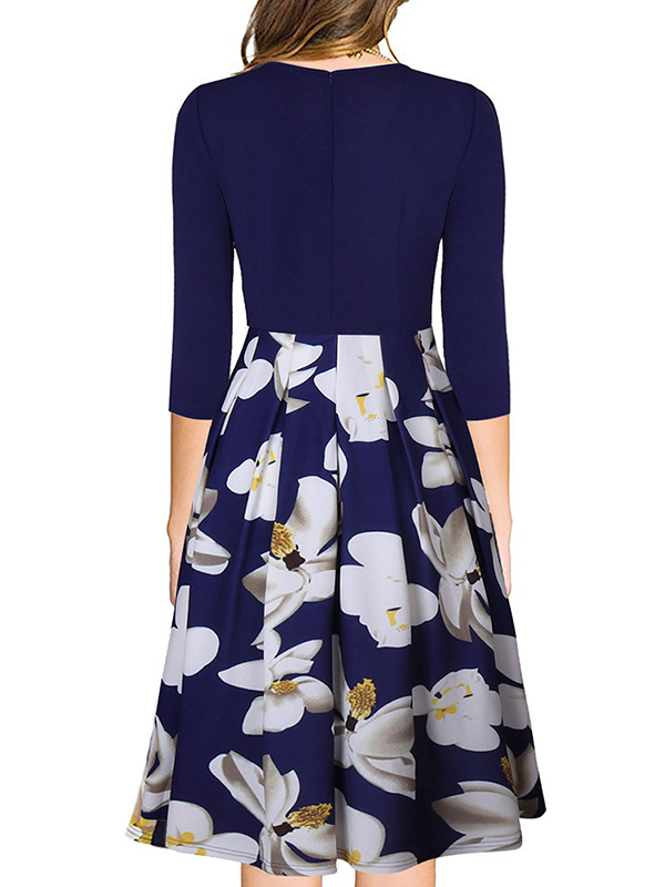 Blue S-XL  Top Flower Pattern Splicing Casual Dress