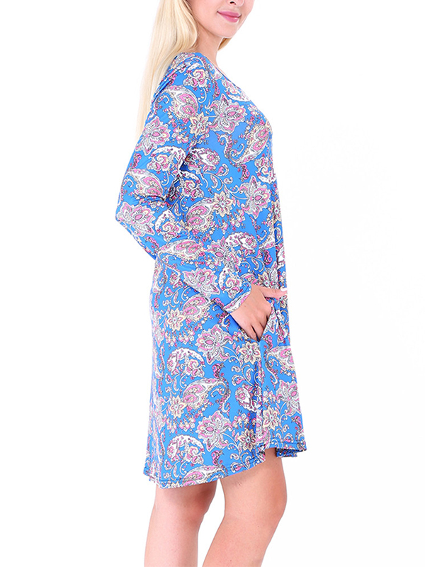 Blue S-XL Round Neckline Casual Dress