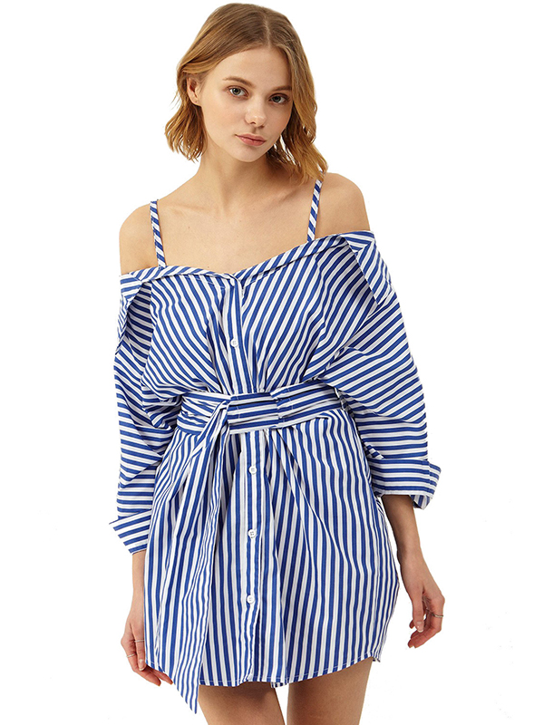 Blue S-XL Royal Stripped Straps Casual Dress