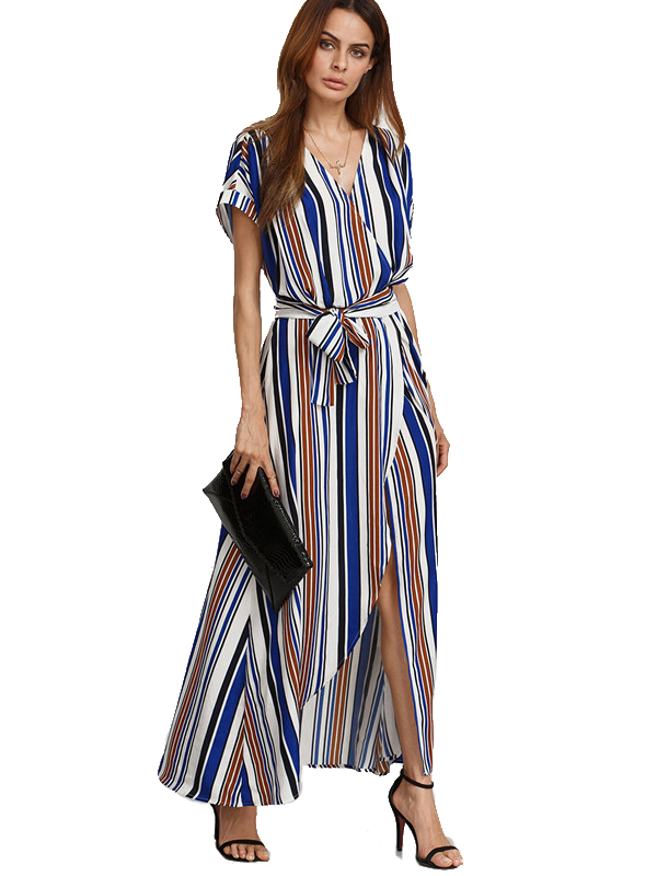 Blue S-XL Vertical stripe Maxi Dress