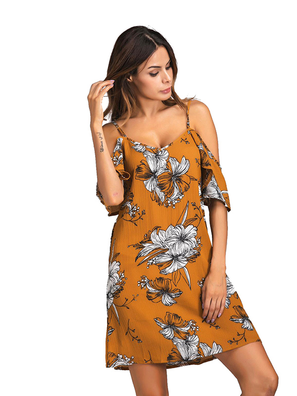 Brown S-XL Flower Printed Mini Dress