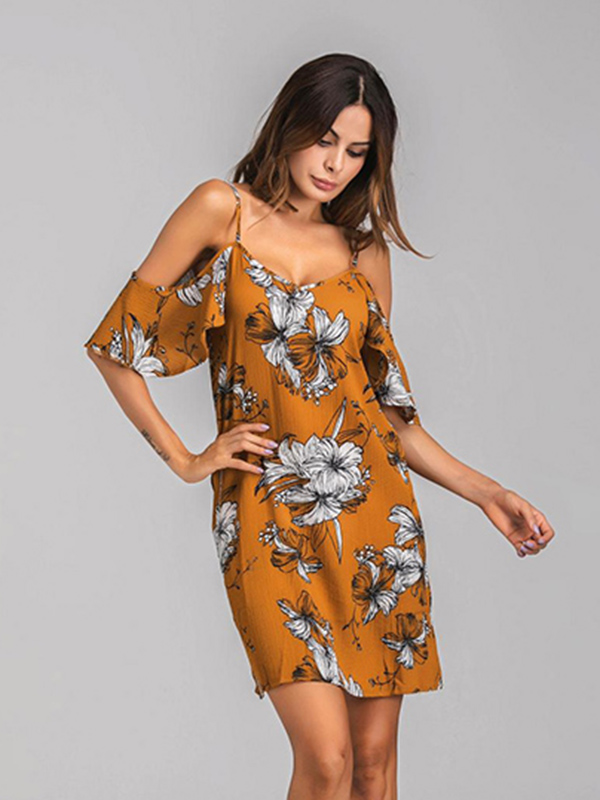 Brown S-XL Flower Printed Mini Dress