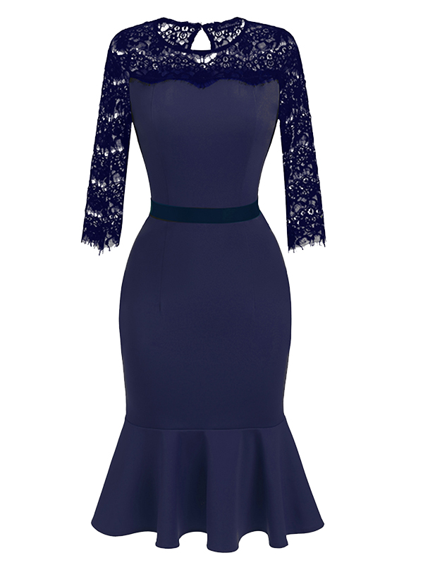 Dark Blue S-XXL Vintage Solid Skater Lace Dress