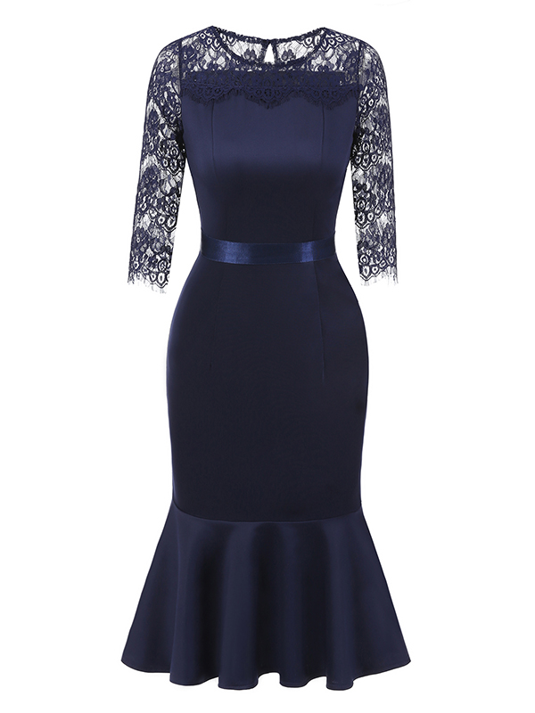 Dark Blue S-XXL Vintage Solid Skater Lace Dress