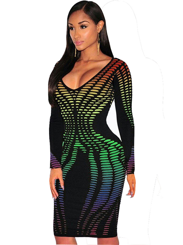 Green Long Sleeves Bodycon Midi Dress