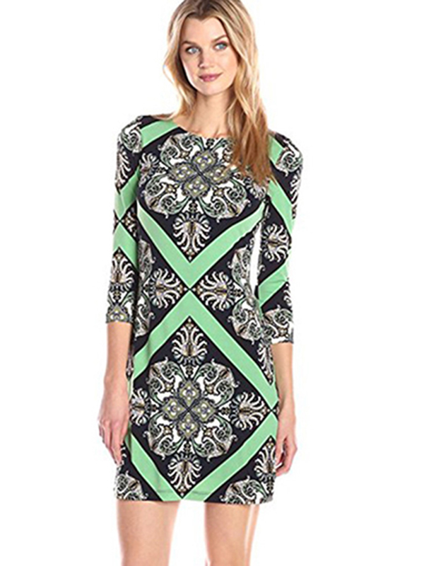 Green S-2XL Diamond Long Sleeve Casual Dress