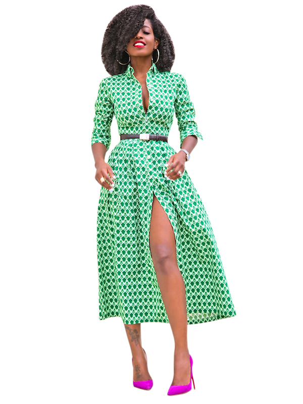 Green S-XL Long Sleeve Split Maxi Dress