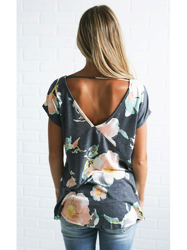 Grey S-XL V-Neck Flower Blouses
