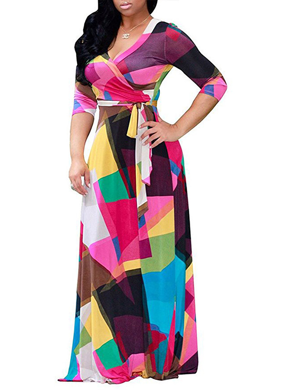 Multicolor S-XL Print Wrap V Neck Maxi Dress