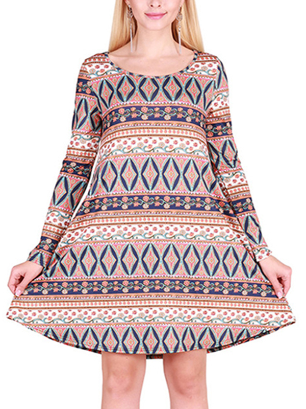 Multicolor S-XL Stretchy Full Sleeve Flared Flora Casual Dress