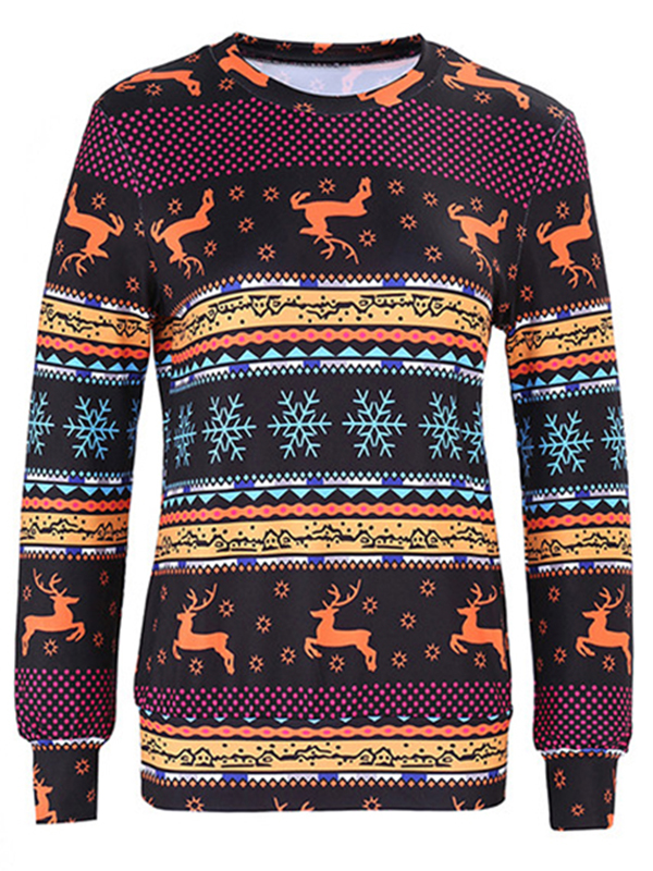 Multicolor XS-XL Ribbed Cuff Christmas Blouses