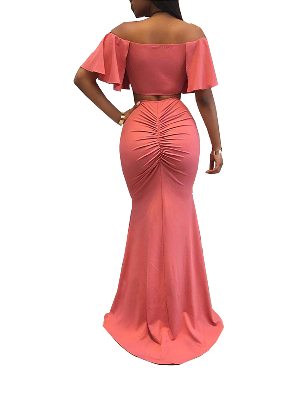 Pink S-XL Off-Shoulder Ruffle Evening Dress