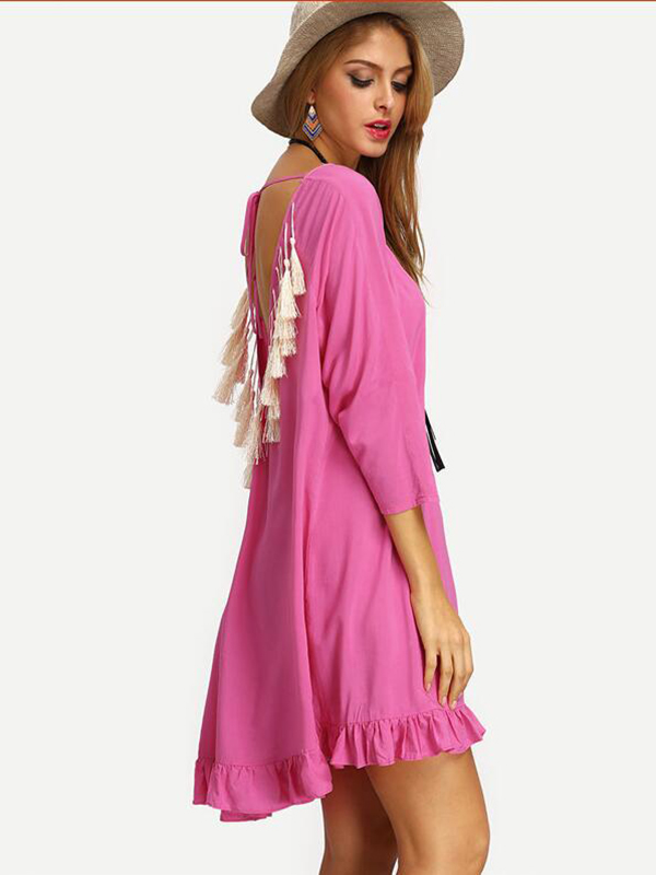 Pink S-XL Sexy Back Tassel Mini Dress