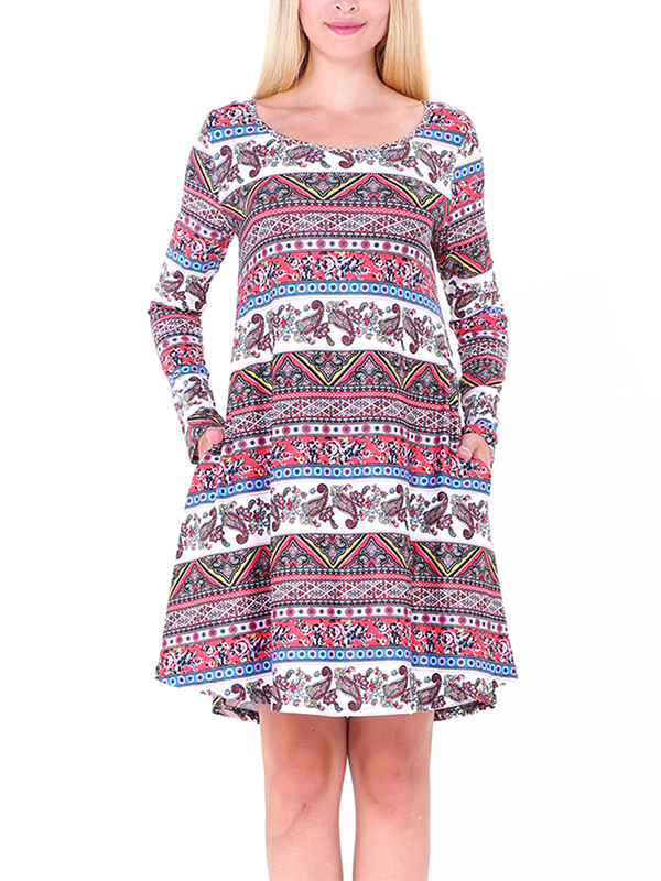 Purple S-XL Warm Printed Flared Casual Dress
