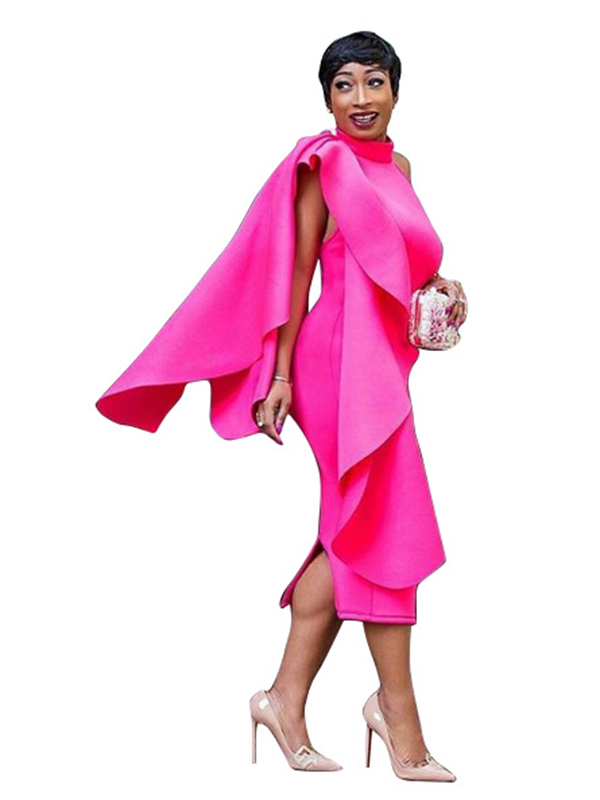 Rose Choker Neck Ruffle Overlay Midi Dress