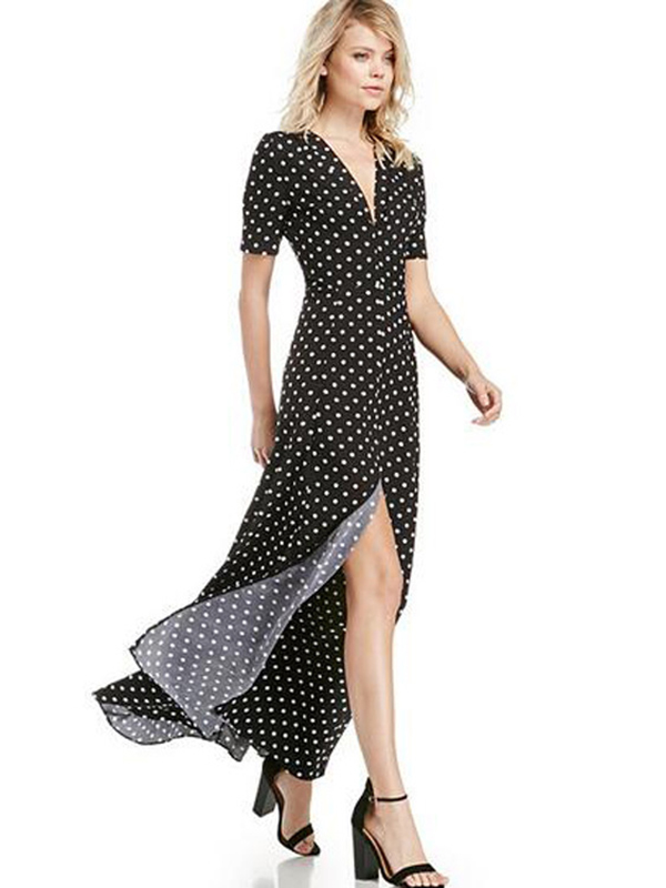 White Dot Short Sleeve Women Maxi Dress