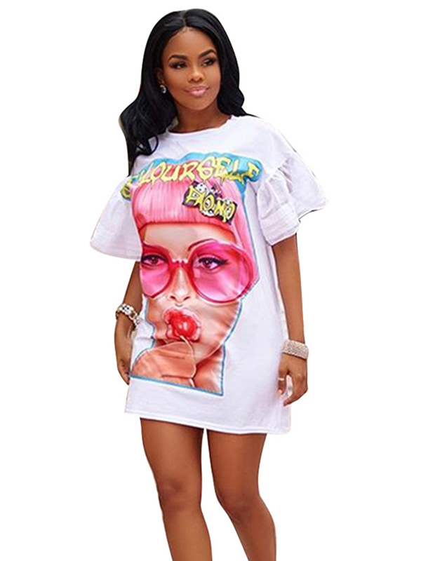 White M-XXL Flare Sleeve Loose Casual Dress