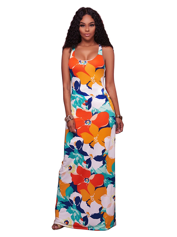 Womens Sleeveless Floral Print Crisscross Maxi Dress