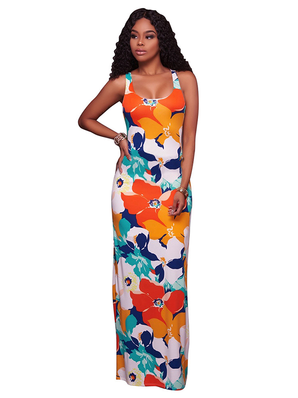 Womens Sleeveless Floral Print Crisscross Maxi Dress