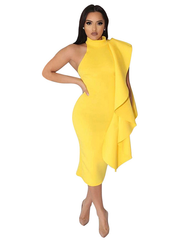 Yellow Choker Neck Ruffle Overlay Midi Dress