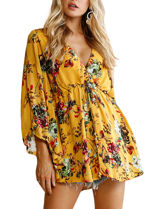 Yellow S-XL V Neck Floral Printed Casual Dress