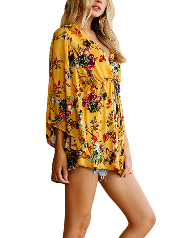 Yellow S-XL V Neck Floral Printed Casual Dress