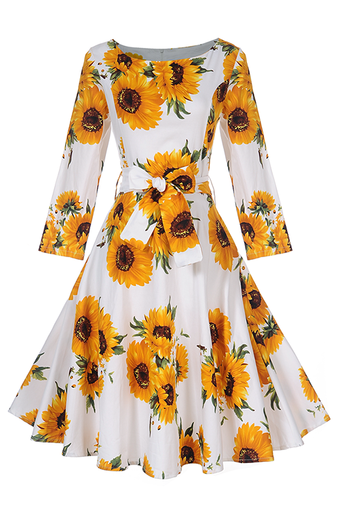 Yellow S-XXL  High Waist Floral Print Casual Dress
