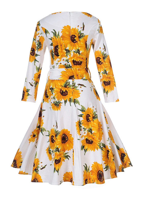 Yellow S-XXL  High Waist Floral Print Casual Dress