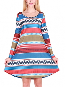  Multicolor S-XL Stripes Two Pockets Casual Dress