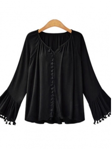 2 Colors M-XL Ruching Trumpet Sleeve Blouse