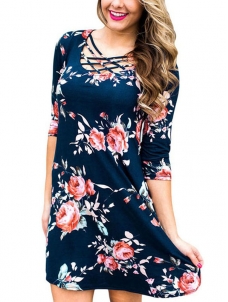 2 Colors S-XL  Lace-Up Floral Casual Dress